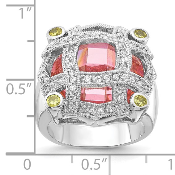 Sterling Silver Pink Glass & CZ Ring