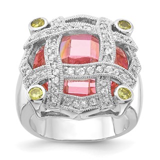 Sterling Silver Pink Glass & CZ Ring