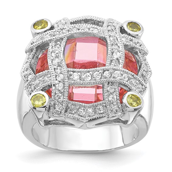 Sterling Silver Pink Glass & CZ Ring