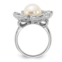 Sterling Silver Polished Simulated Pearl & CZ Flower Ring view 2