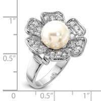 Sterling Silver Polished Simulated Pearl & CZ Flower Ring view 3