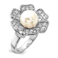 Sterling Silver Polished Simulated Pearl & CZ Flower Ring view 1