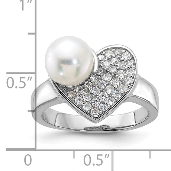Sterling Silver Simulated Pearl and CZ Heart Ring