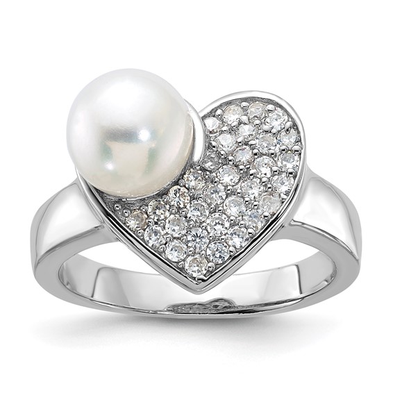 Sterling Silver Simulated Pearl and CZ Heart Ring