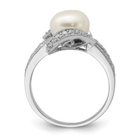 Sterling Silver Rhodium-plated Simulated Pearl and CZ Ring view 2