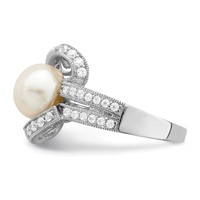 Sterling Silver Rhodium-plated Simulated Pearl and CZ Ring view 3