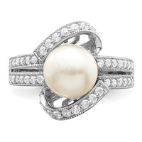 Sterling Silver Rhodium-plated Simulated Pearl and CZ Ring view 5