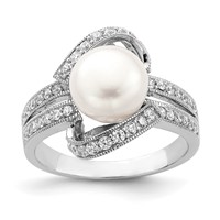 Sterling Silver Rhodium-plated Simulated Pearl and CZ Ring view 1
