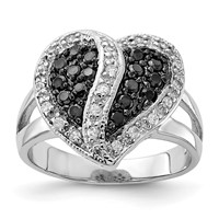 Sterling Silver Polished Black & Clear CZ Heart Ring view 1