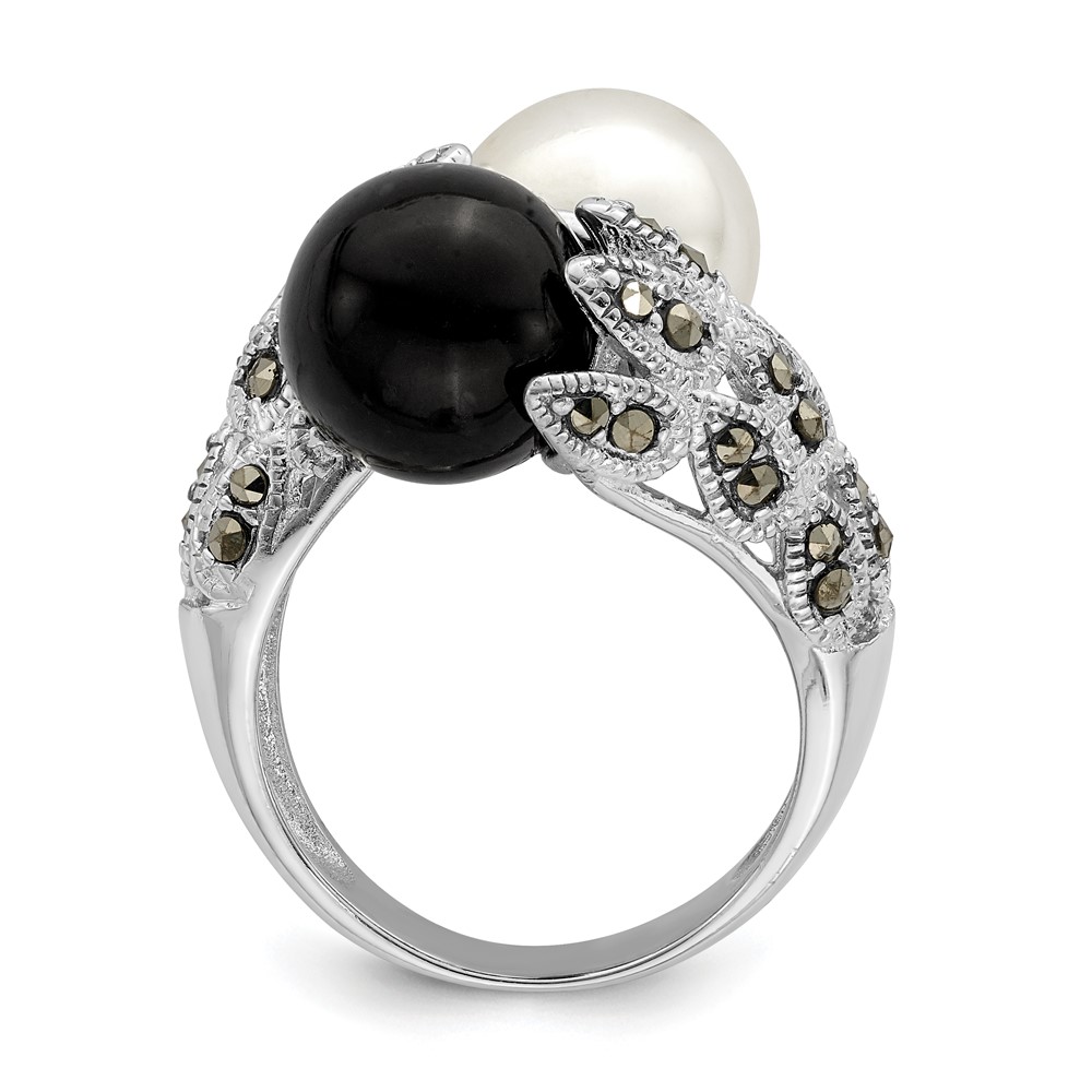 Sterling Silver Rhodium-plated Black and White Plastic Imitation Pearl Marcasite Ring (QR2184-6)