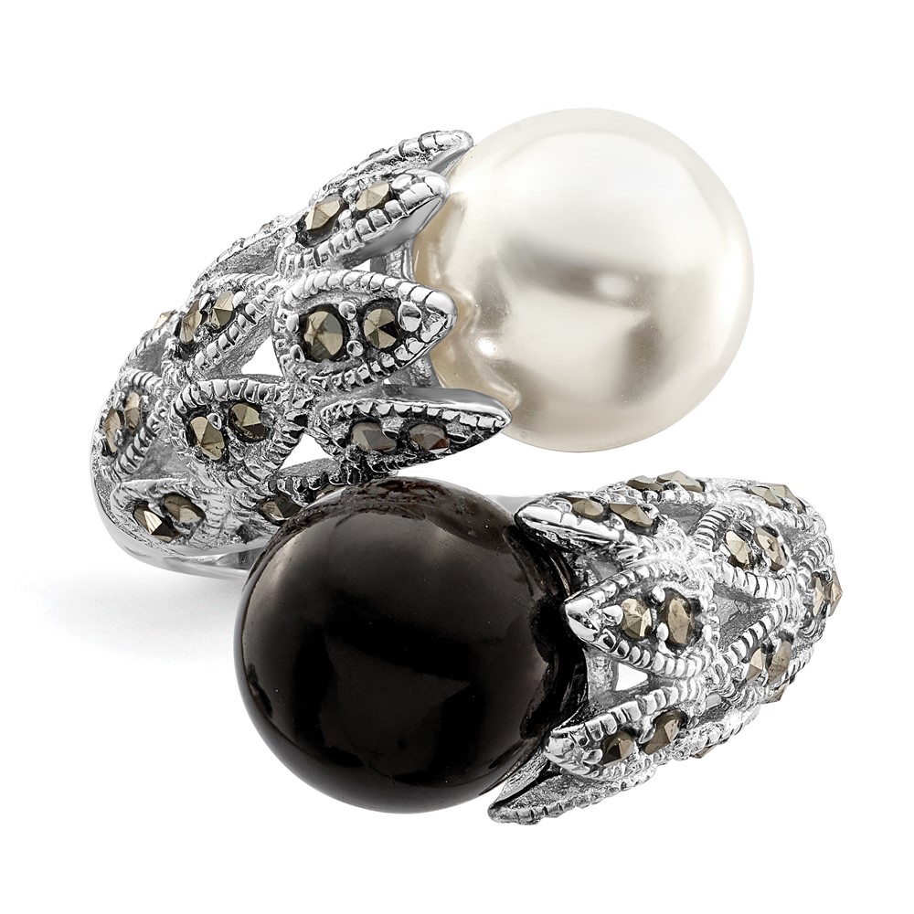Sterling Silver Rhodium-plated Black and White Plastic Imitation Pearl Marcasite Ring (QR2184-6)