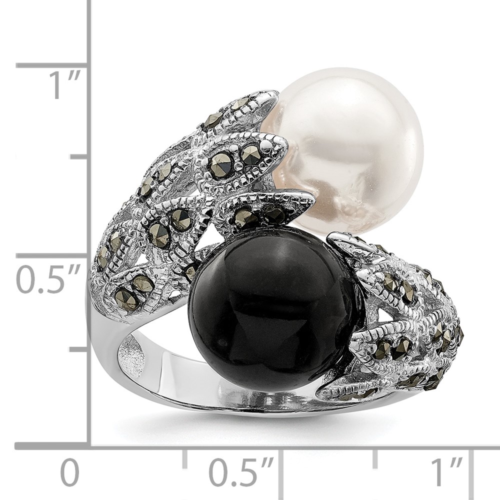 Sterling Silver Rhodium-plated Black and White Plastic Imitation Pearl Marcasite Ring (QR2184-6)