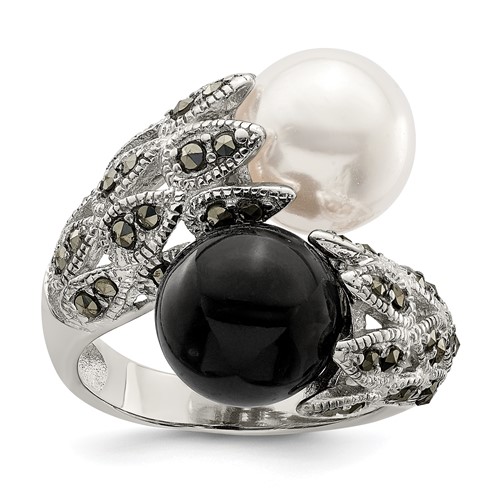 Sterling Silver Rhodium-plated Black and White Plastic Imitation Pearl Marcasite Ring