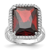Sterling Silver Polished Red & Clear CZ Rectangle Halo Ring view 1