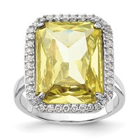 Sterling Silver Polished Light Green & Clear CZ Rectangle Halo Ring view 1