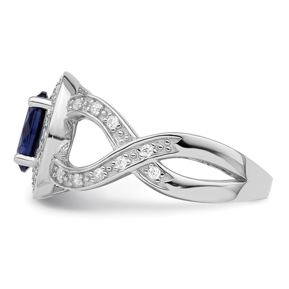 Sterling Silver Rhodium-plated Dark Blue Glass and CZ Ring