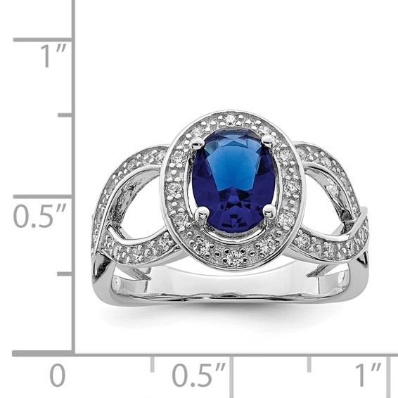Sterling Silver Rhodium-plated Dark Blue Glass and CZ Ring