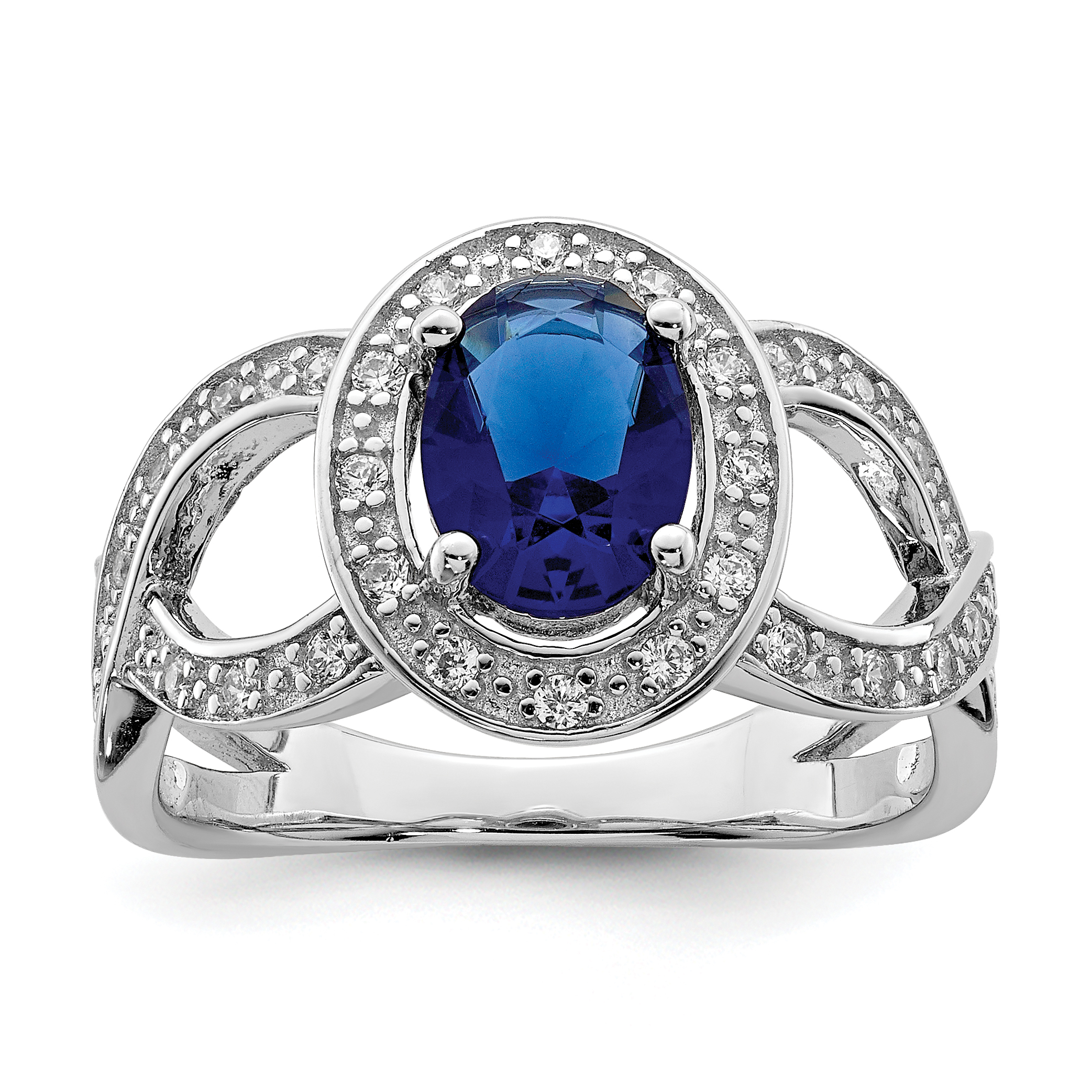 Sterling Silver Rhodium-plated Dark Blue Glass and CZ Ring (QR2251-6)
