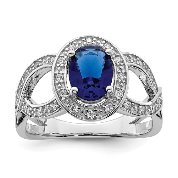 Sterling Silver Rhodium-plated Dark Blue Glass and CZ Ring