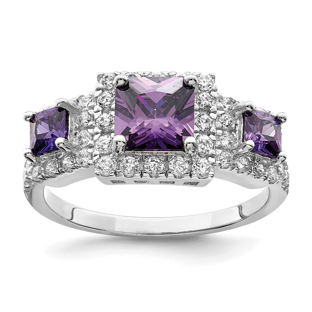 Sterling Silver Rhodium plated Purple Square CZ Ring (QR2303-7)