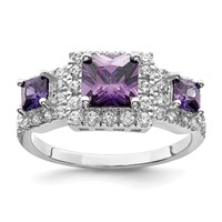 Sterling Silver Rhodium Plated Purple Square CZ Ring view 1