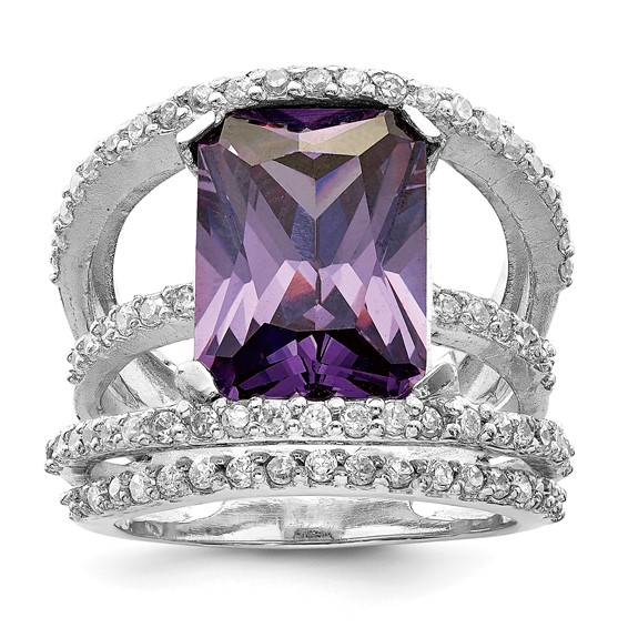 Sterling Silver Rhodium-plated Purple & Clear CZ Ring