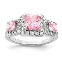 Sterling Silver Rhodium Plated Pink Square CZ Ring view 1