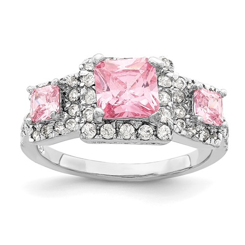 Sterling Silver Rhodium Plated Pink Square CZ Ring