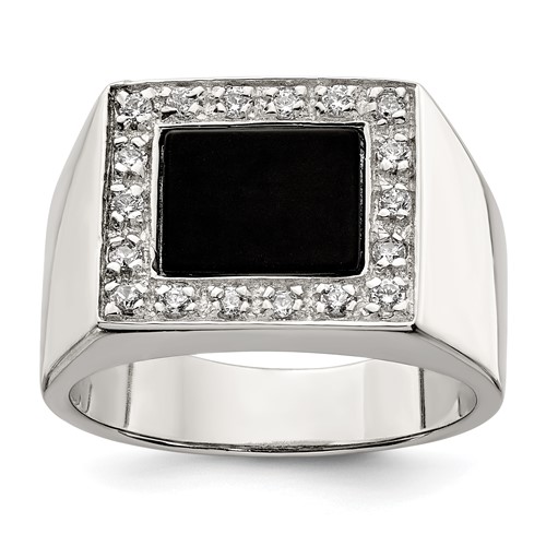 Sterling Silver Rhodium-plated Men's CZ & Onyx Ring