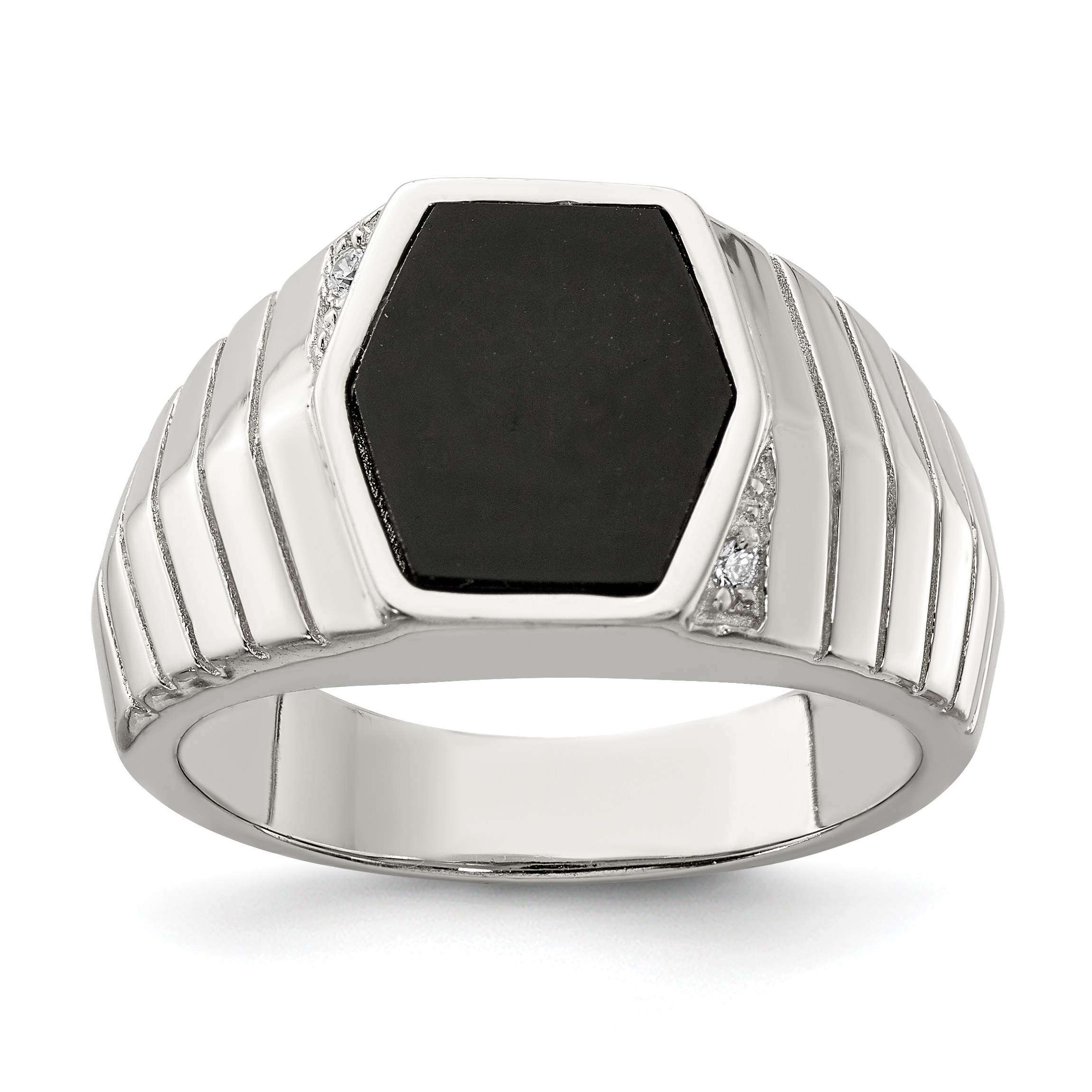 Sterling Silver Rhodium-plated Men's CZ & Onyx Ring (QR2459-10)
