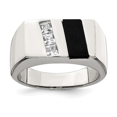 Sterling Silver Rhodium-plated Men's CZ and Onyx Ring
