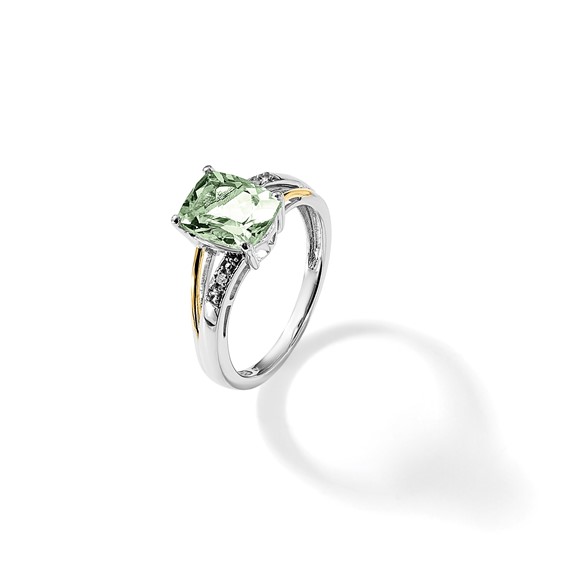 Brilliant Gemstones Sterling Silver with 14K Accent Rhodium-plated Green Quartz and Diamond Ring