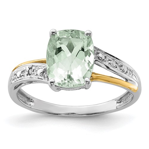 Brilliant Gemstones Sterling Silver Ring with 14K Accent Rhodium-plated Green Quartz and Diamond