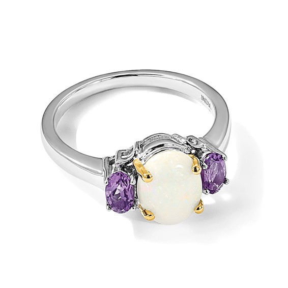 Brilliant Gemstones Sterling Silver with 14K Accent Rhodium-plated Opal and Amethyst Ring