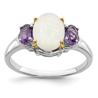 Brilliant Gemstones Sterling Silver Ring with 14K Accent Rhodium-plated Opal and Amethyst view 1