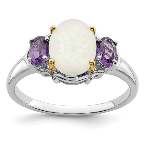 Brilliant Gemstones Sterling Silver Ring with 14K Accent Rhodium-plated Opal and Amethyst