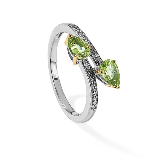 Brilliant Gemstones Sterling Silver with 14K Accent Rhodium-plated Peridot and Diamond Ring