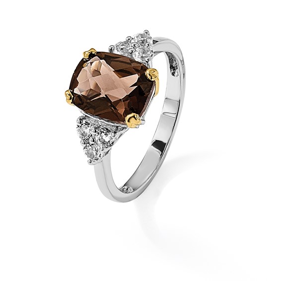 Brilliant Gemstones Sterling Silver with 14K Accent Rhodium-plated Smoky Quartz and White Topaz Ring