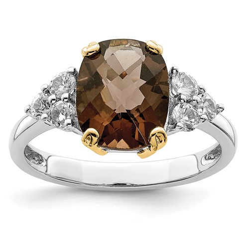 Brilliant Gemstones Sterling Silver Ring with 14K Accent Rhodium-plated Smoky Quartz and White Topaz