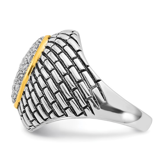 Sterling Silver Gold-tone Vermeil Polished & Antiqued Oval CZ Ring