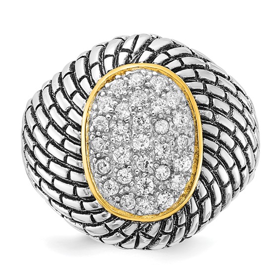 Sterling Silver Gold-tone Vermeil Polished & Antiqued Oval CZ Ring