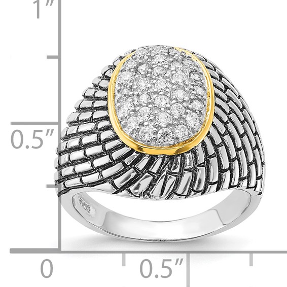 Sterling Silver Gold-tone Vermeil Polished & Antiqued Oval CZ Ring