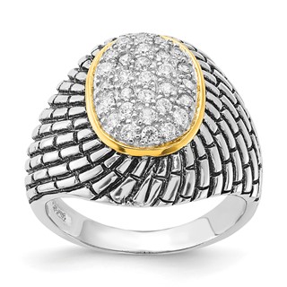 Sterling Silver Gold-tone Vermeil Polished & Antiqued Oval CZ Ring