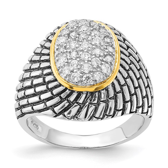 Sterling Silver Gold-tone Vermeil Polished & Antiqued Oval CZ Ring