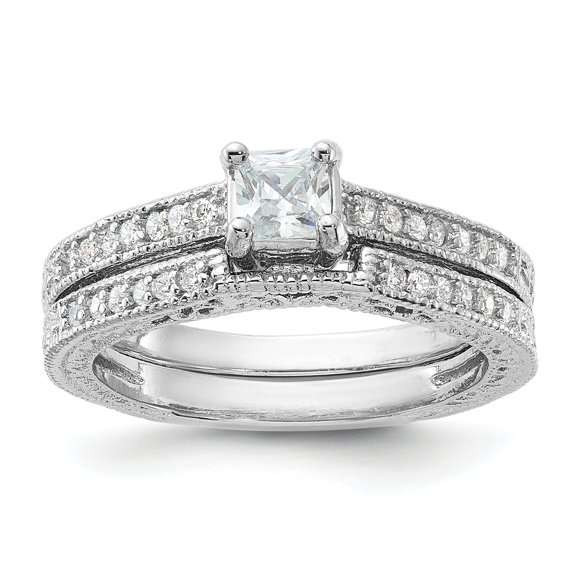 Sterling Silver Rhodium-plated 2-Piece CZ Wedding Set Ring (QR2710-8)