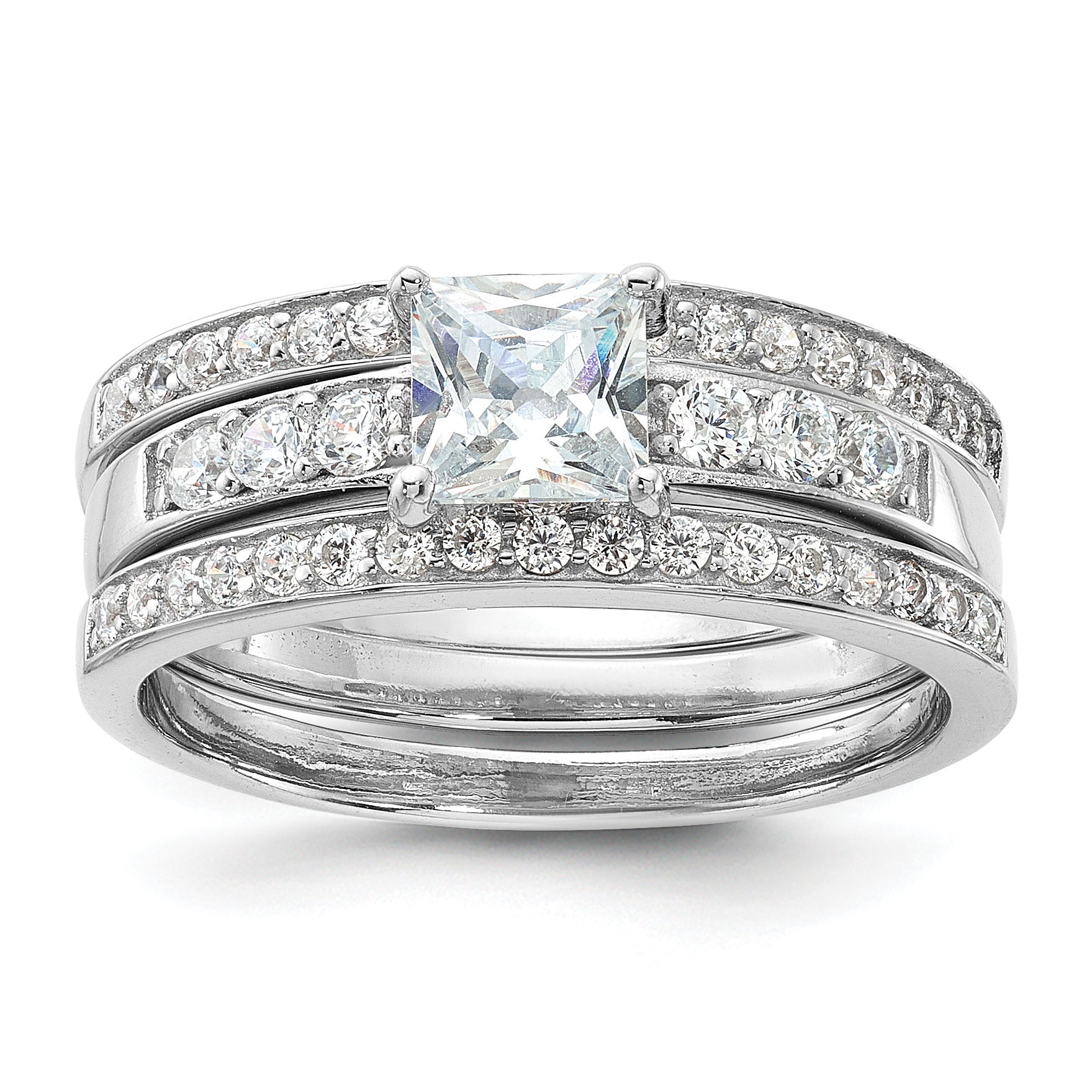 Sterling Silver Rhodium-plated CZ 3 Piece Wedding Set Ring (QR2711-7)