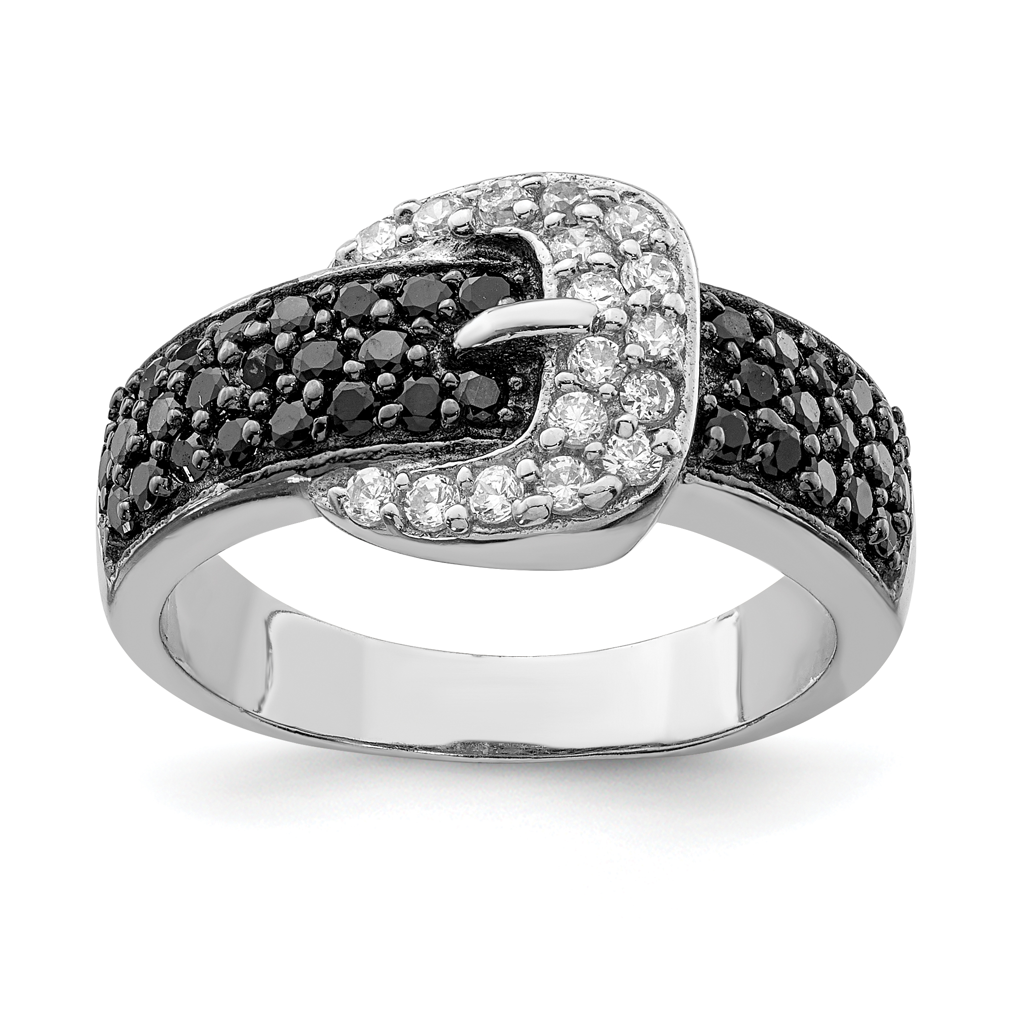 Sterling Silver Rhodium Black and Clear CZ Buckle Ring (QR2752-6)