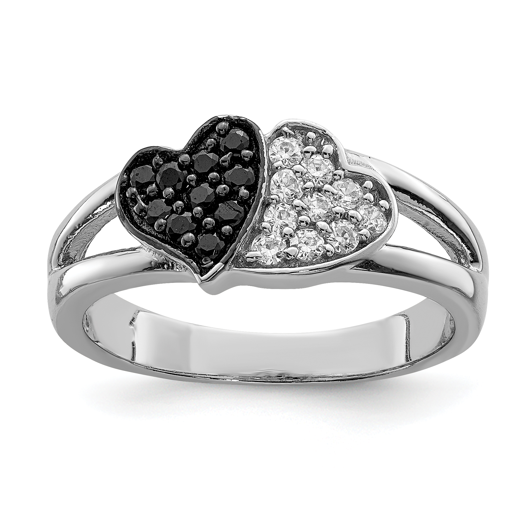 Sterling Silver Rhodium Clear & Black CZ Hearts Ring (QR2759-6)