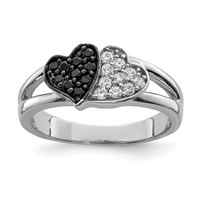 Sterling Silver Rhodium Clear & Black CZ Hearts Ring view 1
