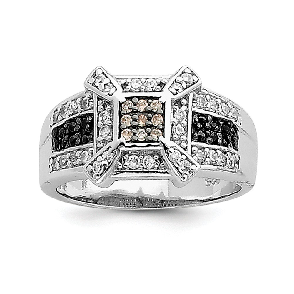 Sterling Silver Rhodium Champ Black White CZ Square Ring